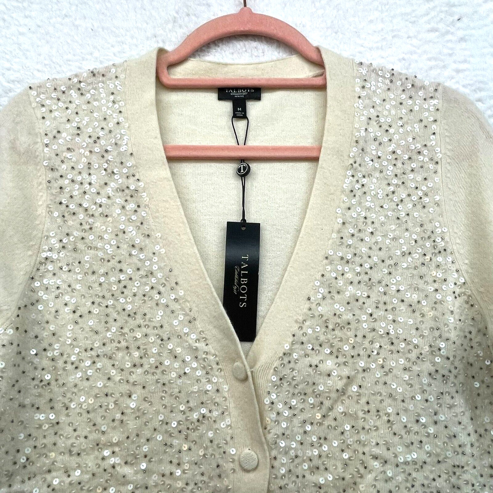 Talbots Cardigan Womens Medium Cream Petite Lambswool Sequin Button Up Rabbit - Picture 4 of 10